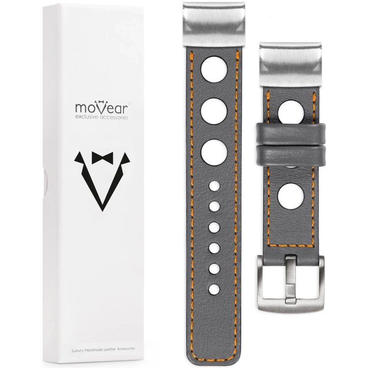 moVear Prestige R1 Lederarmband für Garmin QuickFit 26mm (Fenix / Epix / Quatix / Tactix / Enduro - 51mm) Grau, Grau Nähte [Größen XS-XXL und Schnalle zur Auswahl]