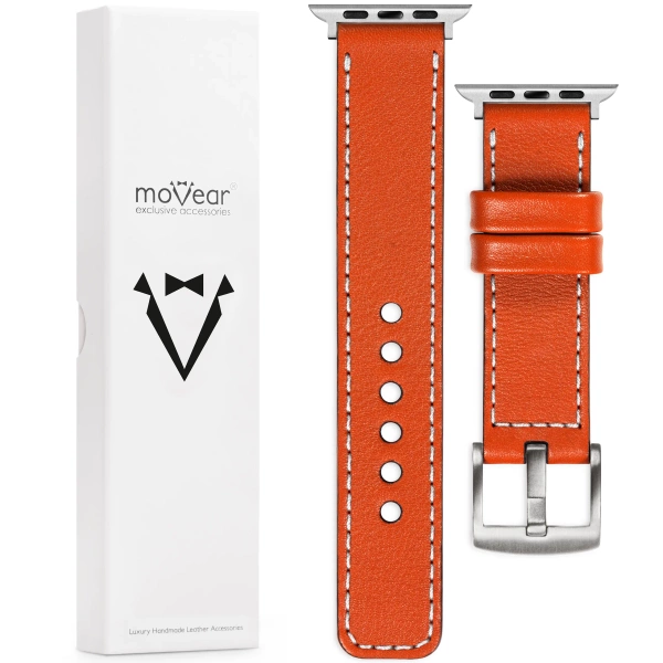 moVear Prestige C1 20mm Orange Lederarmband für Apple Watch 10 / 9 / 8 / 7 / 6 / 5 / 4 / SE (42/41/40mm) | Orange Nähte [Größen XS-XXL und Schnalle zur Auswahl]