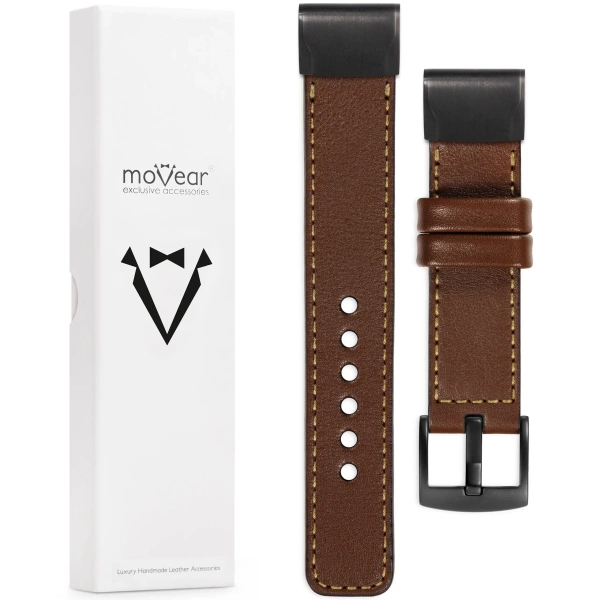 moVear Prestige C1 Lederarmband für Garmin QuickFit 26mm (Fenix / Epix / Quatix / Tactix / Enduro - 51mm) Dunkelbraun, Dunkelbraun Nähte [Größen XS-XXL und Schnalle zur Auswahl]