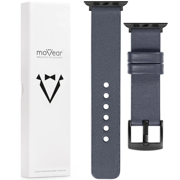 moVear Prestige S1 22mm Lederarmband für Apple Watch 10 / 9 / 8 / 7 / 6 / 5 / 4 / SE (42/41/40mm) Stahlgrau [Adapter und Schnalle zur Auswahl]