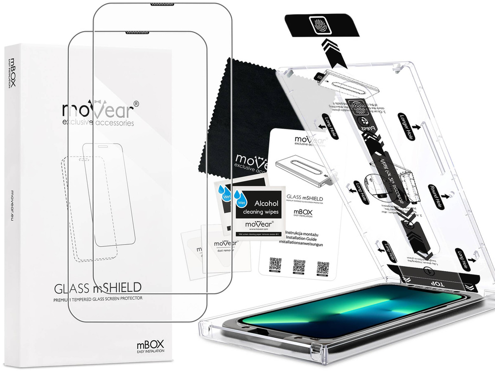 2 Stk. | moVear mBOX GLASS mSHIELD 2.5D für Apple iPhone 16e / 14 / 13 / 13 Pro (6.1") (einfache Installation)