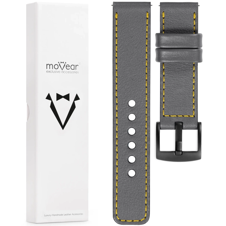 moVear Prestige C1 24mm Uhrenarmband aus Leder | Grau, Grau Nähte [Größen XS-XXL und Schnalle zur Auswahl]