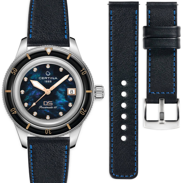 moVear Prestige C1 18mm Black Leather strap for Certina DS PH200M C036.207.18.126.00 | Black stitching [sizes XS-XXL]