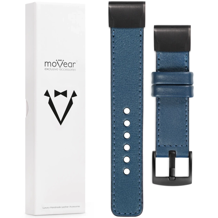 moVear Prestige C1 Lederarmband für Garmin QuickFit 22mm (Fenix / Forerunner / Epix / Instinct / Enduro / Quatix / MARQ - 47/45mm) Blaue Jeans, Blaue Jeans Nähte [Größen XS-XXL und Schnalle zur Auswahl]