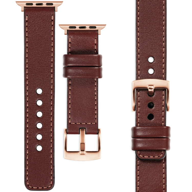 moVear Prestige C1 20mm Rotbraun Lederarmband für Apple Watch 10 / 9 / 8 / 7 / 6 / 5 / 4 / SE (42/41/40mm) | Rotbraun Nähte [Größen XS-XXL und Schnalle zur Auswahl]