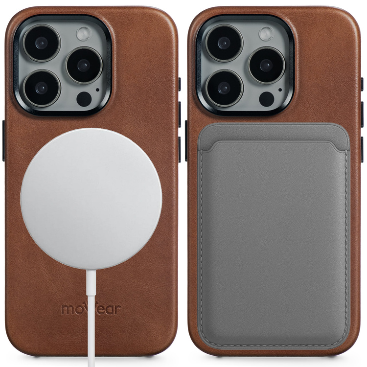moVear [PRODUCT_MODEL] Leather back cover for Apple iPhone 15 Pro Max (6.7") | MagSafe compatible, Natural oiled leather (Dark brown)