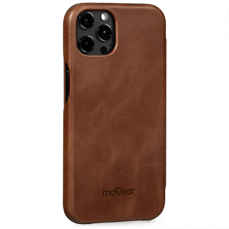 moVear flipSide S Ledertasche für Apple iPhone 12 Pro / 12 (6.1") | Glatte Leder, Handy Hülle book type (Dunkelbraun)