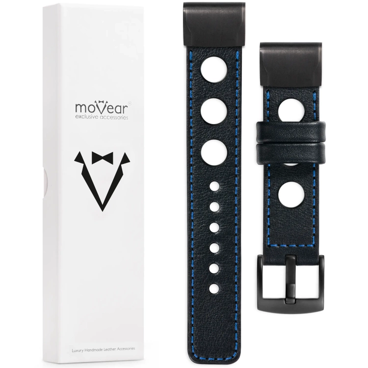 moVear Prestige R1 Lederarmband für Garmin QuickFit 22mm (Fenix / Forerunner / Epix / Instinct / Enduro / Quatix / MARQ - 47/45mm) Schwarz, Schwarz Nähte [Größen XS-XXL und Schnalle zur Auswahl]