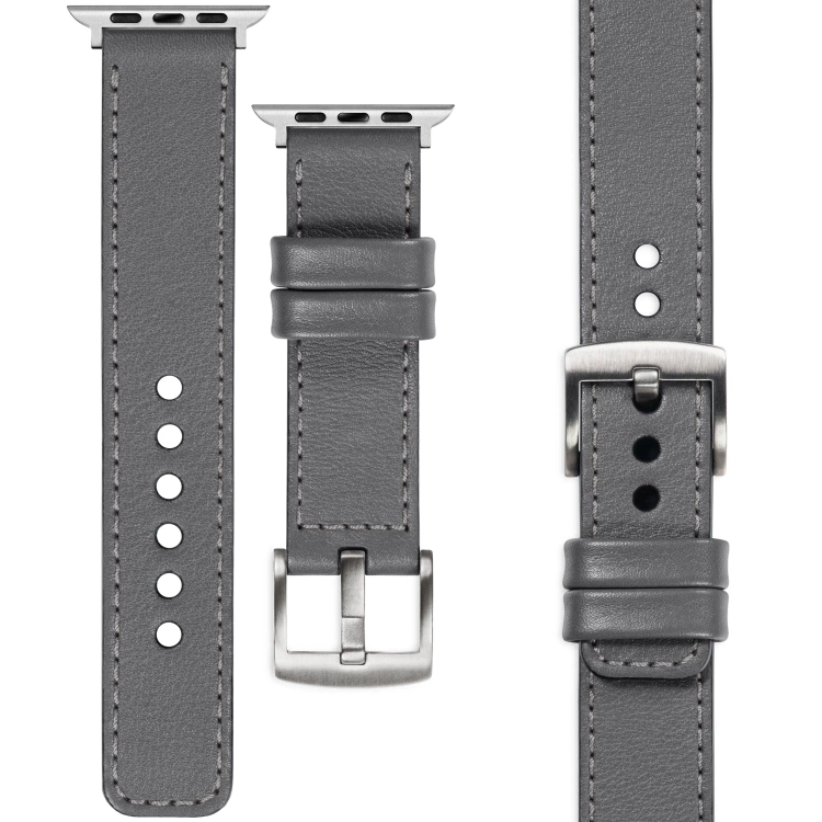moVear Prestige C1 22mm Grau Lederarmband für Apple Watch 10 / 9 / 8 / 7 / 6 / 5 / 4 / SE (42/41/40mm) | Grau Nähte [Größen XS-XXL und Schnalle zur Auswahl]