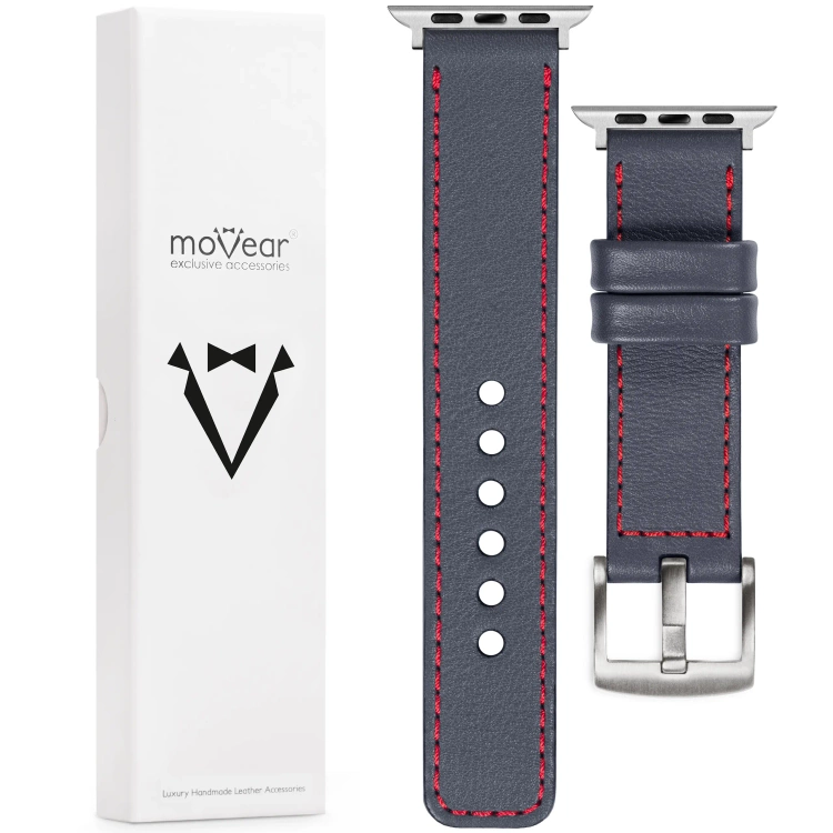 moVear Prestige C1 22mm Stahlgrau Lederarmband für Apple Watch 10 / 9 / 8 / 7 / 6 / 5 / 4 / SE (42/41/40mm) | Stahlgrau Nähte [Größen XS-XXL und Schnalle zur Auswahl]