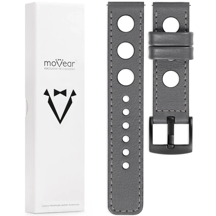 moVear Prestige R1 18mm Uhrenarmband aus Leder | Grau, Grau Nähte [Größen XS-XXL und Schnalle zur Auswahl]