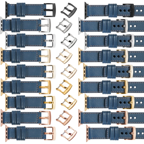 moVear Prestige C1 22mm Blue Jeans Leather strap for Apple Watch 10 / 9 / 8 / 7 / 6 / 5 / 4 / SE (42/41/40mm) | Blue Jeans stitching [sizes XS-XXL and buckle to choose from]