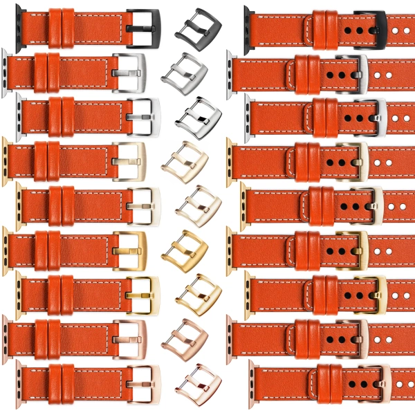 moVear Prestige C1 24mm Orange Lederarmband für Apple Watch 10 / 9 / 8 / 7 / 6 / 5 / 4 / SE (46/45/44mm) & Ultra (49mm) | Orange Nähte [Größen XS-XXL und Schnalle zur Auswahl]