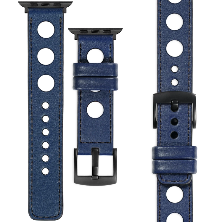 moVear Prestige R1 22mm Navy blau Lederarmband für Apple Watch 10 / 9 / 8 / 7 / 6 / 5 / 4 / SE (46/45/44mm) & Ultra (49mm) | Navy blau Nähte [Größen XS-XXL und Schnalle zur Auswahl]
