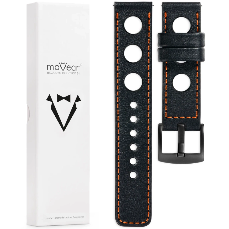 moVear Prestige R1 18mm Uhrenarmband aus Leder | Schwarz, Schwarz Nähte [Größen XS-XXL und Schnalle zur Auswahl]
