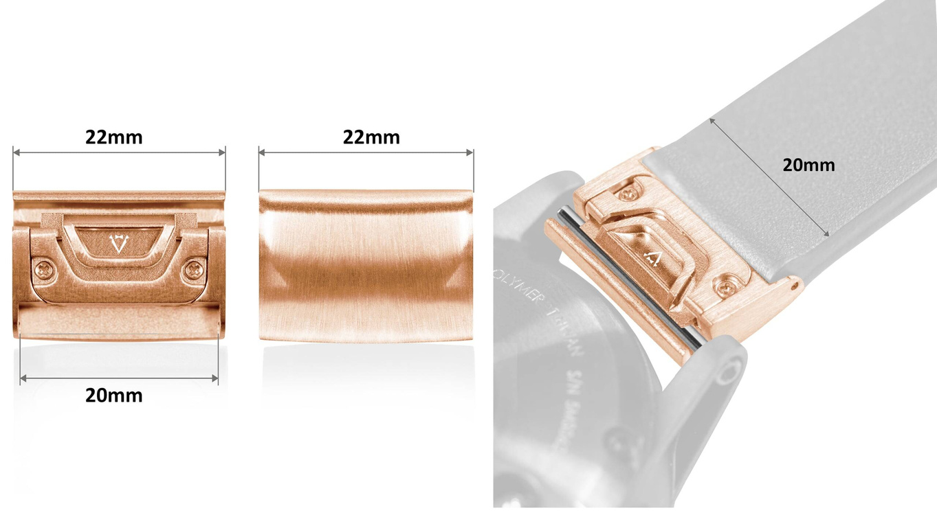 moVear | 20mm watch strap adapter for Garmin QuickFit 22mm Fenix / Forerunner / Epix / Instinct / Enduro / Quatix / MARQ - 47/45mm | Rose gold, Stainless steel +PVD