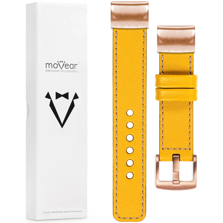 moVear Prestige C1 Lederarmband für Garmin QuickFit 20mm (Fenix / Instinct - 43/42/40mm) Gelb, Gelb Nähte [Größen XS-XXL und Schnalle zur Auswahl]