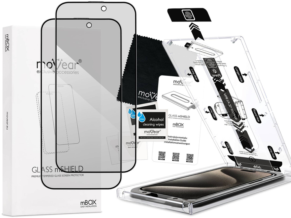 2 pcs. | moVear mBOX GLASS mSHIELD 2.5D MAX privacy for Apple iPhone 15 Pro (6.1") (Anti spy, with Applicator)