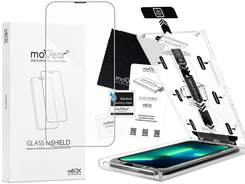 moVear mBOX GLASS mSHIELD 2.5D for Apple iPhone 16e / 14 / 13 / 13 Pro (6.1") (easy installation)