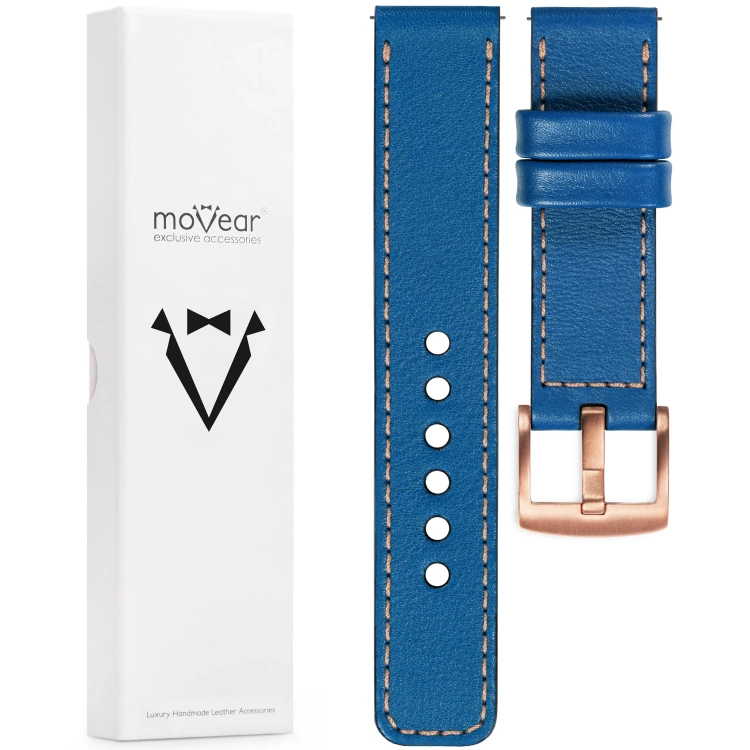 moVear Prestige C1 24mm Uhrenarmband aus Leder | Blau, Blau Nähte [Größen XS-XXL und Schnalle zur Auswahl]