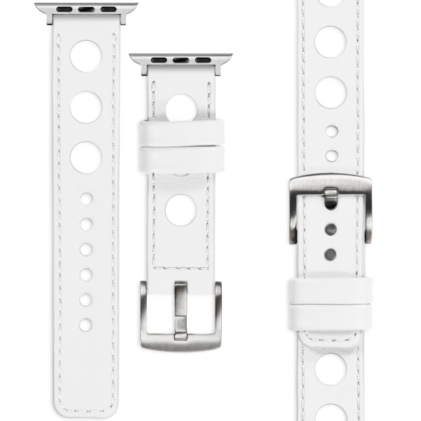 moVear Prestige R1 24mm White Leather strap for Apple Watch 10 / 9 / 8 / 7 / 6 / 5 / 4 / SE (46/45/44mm) & Ultra (49mm) | White stitching [sizes XS-XXL and buckle to choose from]