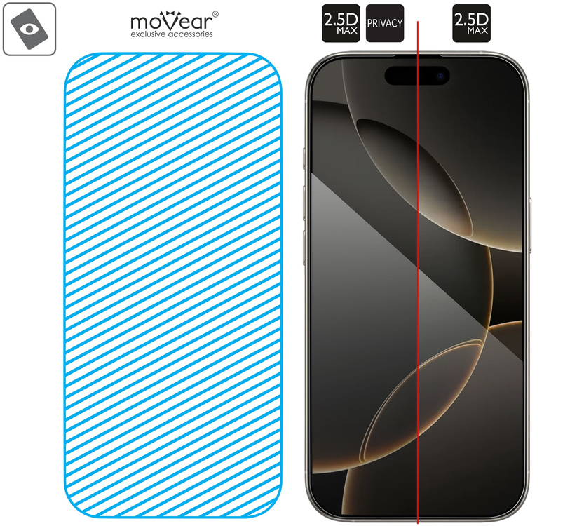moVear mBOX GLASS mSHIELD 2.5D MAX privacy for Apple iPhone 17 Pro / 17 / 16 Pro (6.3") (Anti spy, with Applicator)