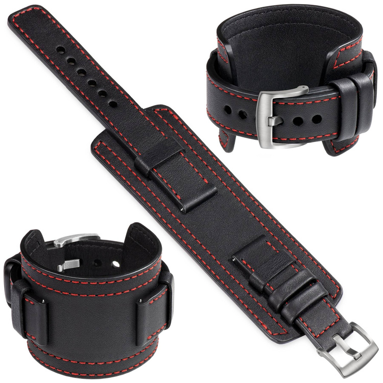 moVear Prestige CW1 19mm Breites Lederarmband mit Polster | Schwarz, Schwarz Nähte [Größen XS-XXL und Schnalle zur Auswahl]