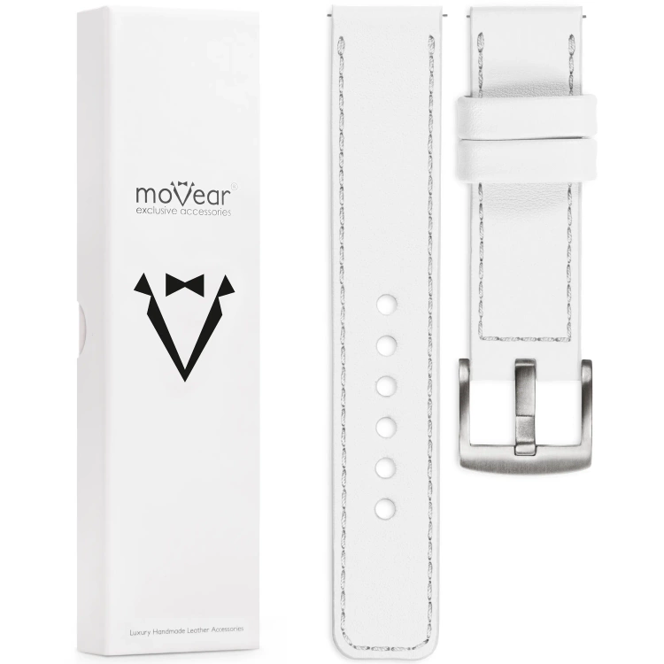 moVear Prestige C1 26mm Uhrenarmband aus Leder | Weiß, Weiß Nähte [Größen XS-XXL und Schnalle zur Auswahl]