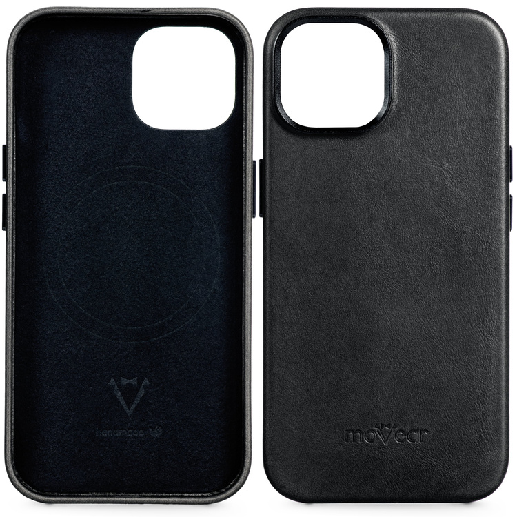 moVear [PRODUCT_MODEL] Lederrückseite für Apple iPhone 15 (6,1") | MagSafe kompatibel, Naturgeöltes Leder (Schwarz)