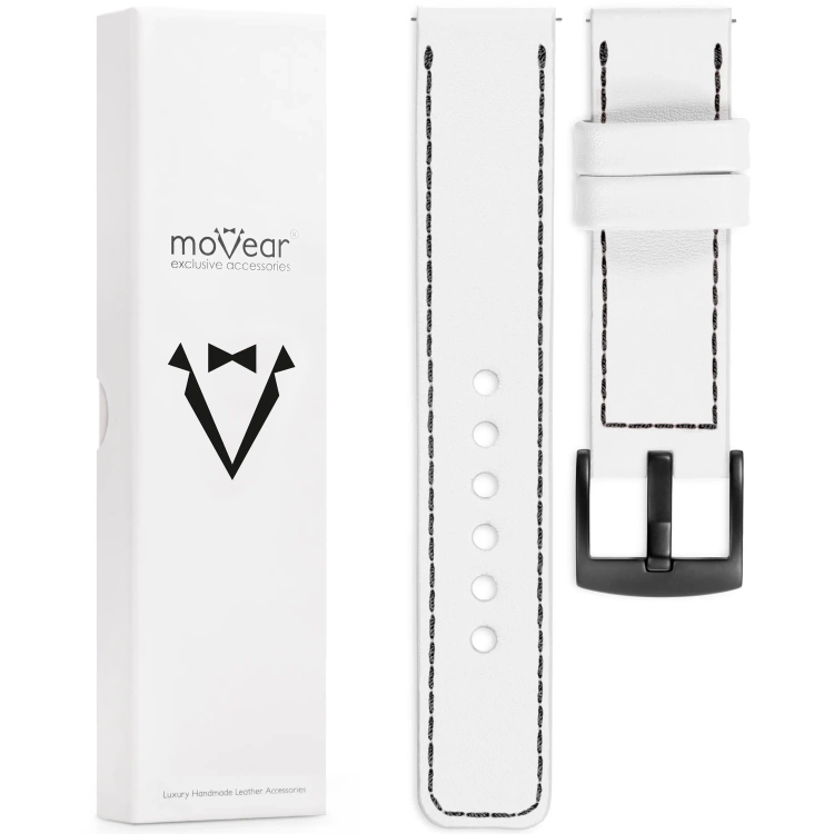 moVear Prestige C1 26mm leather watch strap | White, White stitching [sizes XS-XXL and buckle to choose from]