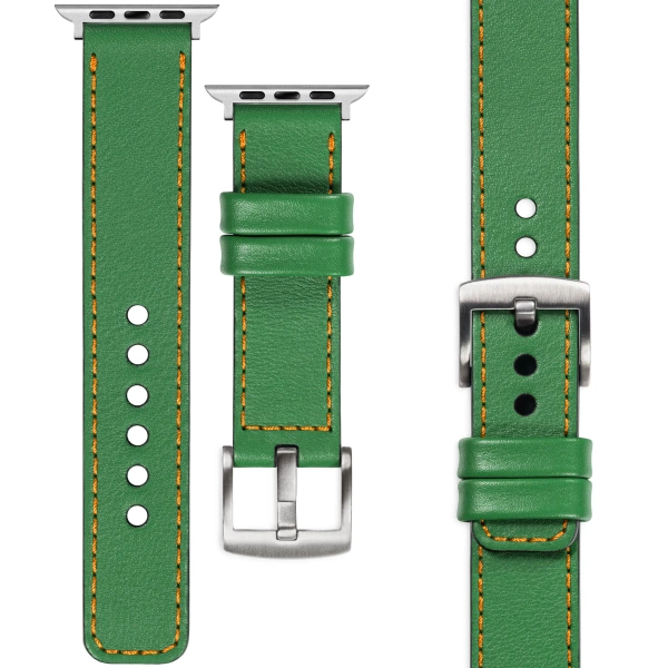 moVear Prestige C1 24mm Green Leather strap for Apple Watch 10 / 9 / 8 / 7 / 6 / 5 / 4 / SE (46/45/44mm) & Ultra (49mm) | Green stitching [sizes XS-XXL and buckle to choose from]