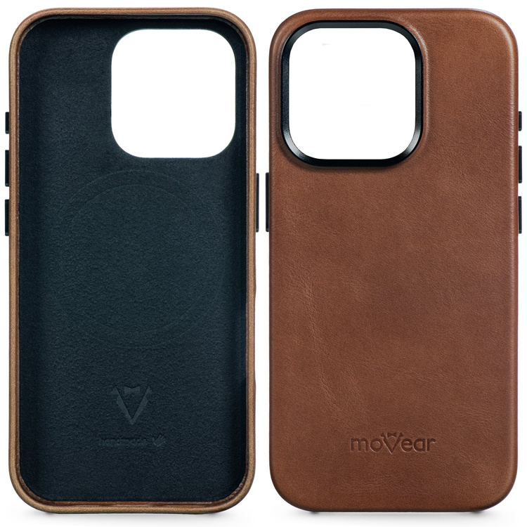 moVear [PRODUCT_MODEL] Leather back cover for Apple iPhone 15 Pro Max (6.7") | MagSafe compatible, Natural oiled leather (Dark brown)