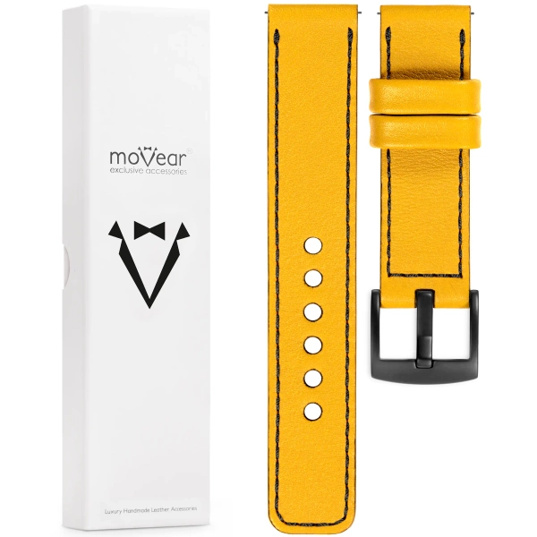 moVear Prestige C1 22mm Uhrenarmband aus Leder | Gelb, Gelb Nähte [Größen XS-XXL und Schnalle zur Auswahl]