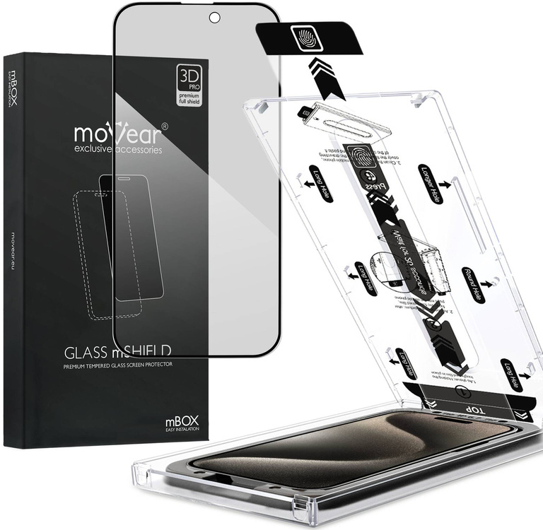 moVear mBOX GLASS mSHIELD 3D PRO privacy für Apple iPhone 15 Pro (6.1") (Privatisieren, mit Applikator)