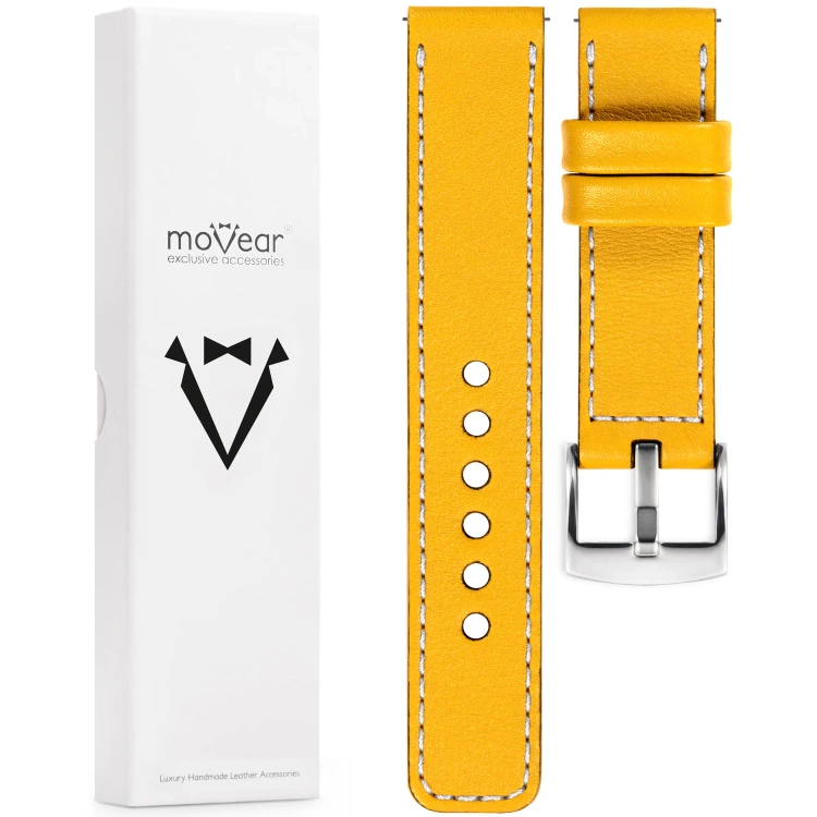 moVear Prestige C1 26mm leather watch strap | Yellow, Yellow stitching [sizes XS-XXL and buckle to choose from]