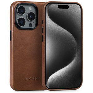 moVear [PRODUCT_MODEL] Leather back cover for Apple iPhone 15 Pro Max (6.7") | MagSafe compatible, Natural oiled leather (Dark brown)