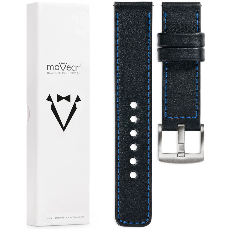 moVear Prestige C1 21mm Uhrenarmband aus Leder | Schwarz, Schwarz Nähte [Größen XS-XXL und Schnalle zur Auswahl]