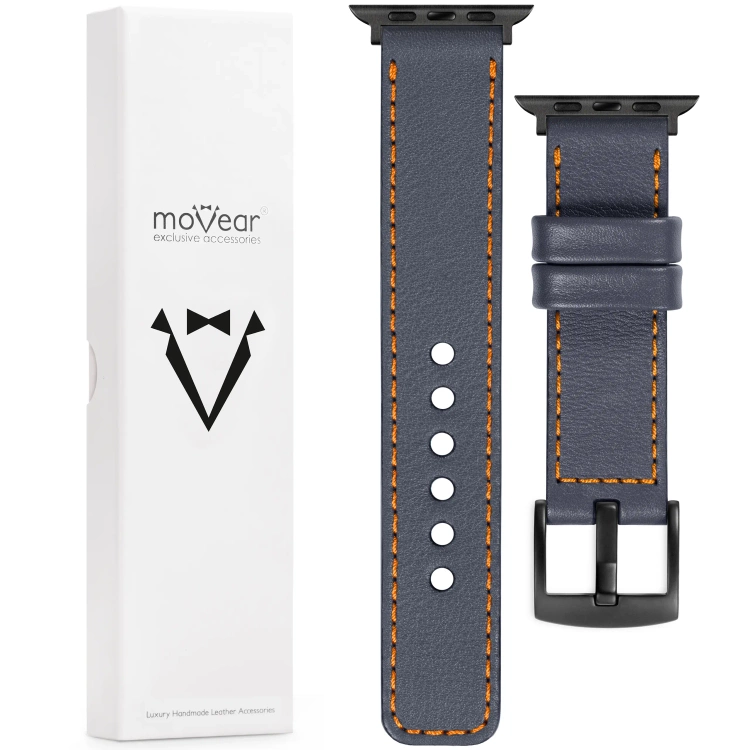 moVear Prestige C1 22mm Stahlgrau Lederarmband für Apple Watch 10 / 9 / 8 / 7 / 6 / 5 / 4 / SE (42/41/40mm) | Stahlgrau Nähte [Größen XS-XXL und Schnalle zur Auswahl]