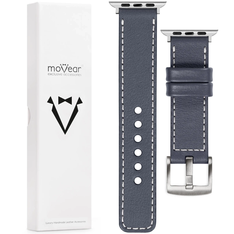 moVear Prestige C1 20mm Stahlgrau Lederarmband für Apple Watch 10 / 9 / 8 / 7 / 6 / 5 / 4 / SE (42/41/40mm) | Stahlgrau Nähte [Größen XS-XXL und Schnalle zur Auswahl]
