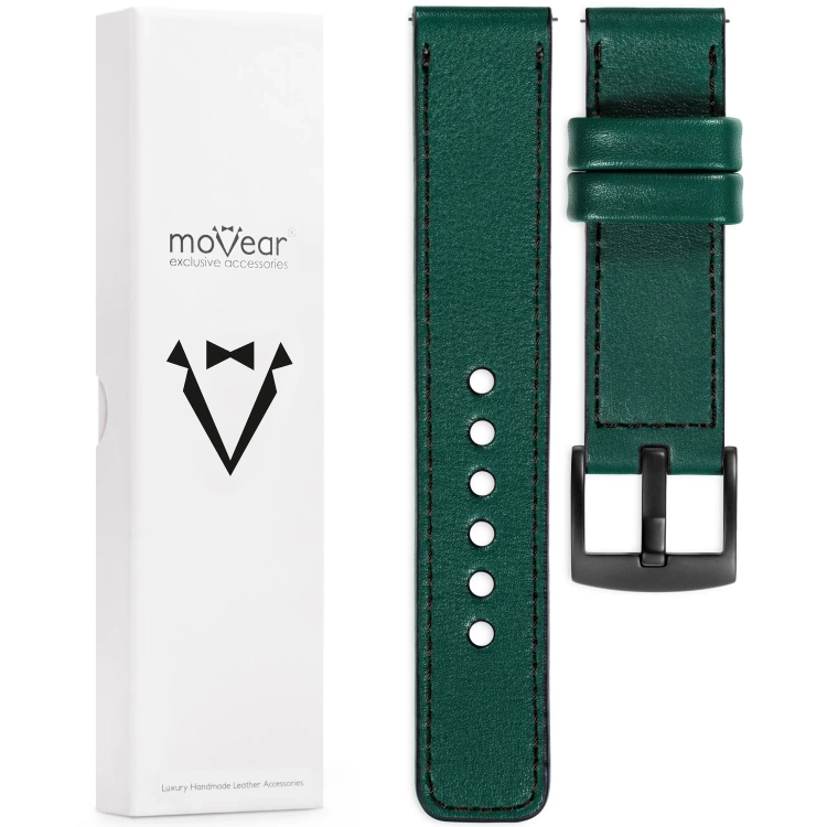 moVear Prestige C1 19mm Uhrenarmband aus Leder | Flaschengrün, Flaschengrün Nähte [Größen XS-XXL und Schnalle zur Auswahl]