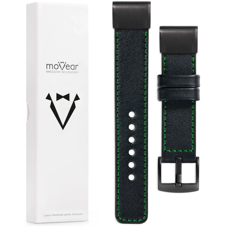 moVear Prestige C1 Lederarmband für Garmin QuickFit 20mm (Fenix / Instinct - 43/42/40mm) Schwarz, Schwarz Nähte [Größen XS-XXL und Schnalle zur Auswahl]