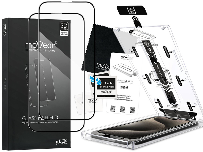 2 Stk. | moVear mBOX GLASS mSHIELD 3D PRO für Apple iPhone 15 Pro (6.1") (einfache Installation)