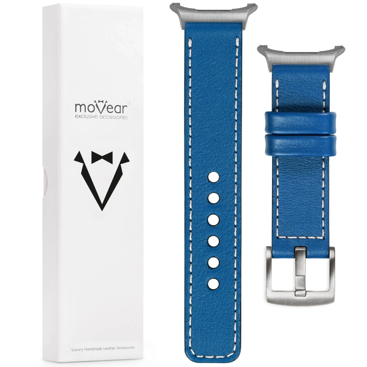 moVear Prestige C1 22mm Blue Leather strap for Samsung Galaxy Watch Ultra | Blue stitching [sizes XS-XXL and buckle to choose from]