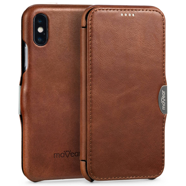 moVear flipSide C Leder Handyhülle für Apple iPhone Xs / X (5.8") | Naturgeöltes Leder (Dunkelbraun)