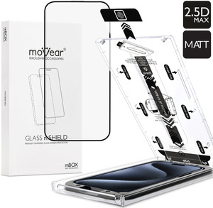 moVear mBOX GLASS mSHIELD 2.5D MAX MATT for Apple iPhone 15 Pro Max (6.7") (case friendly, Anti-reflective, with Applicator)