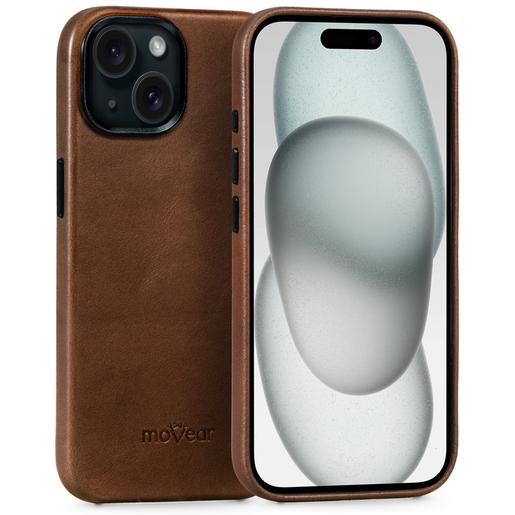 moVear [PRODUCT_MODEL] Leather back cover for Apple iPhone 15 (6,1") | MagSafe compatible, Natural oiled leather (Dark brown)