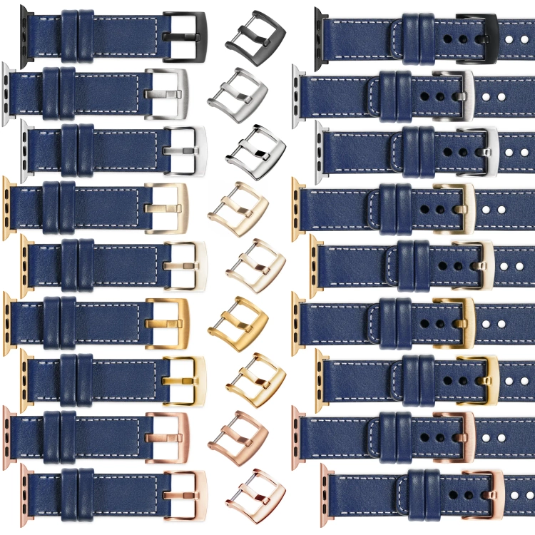 moVear Prestige C1 22mm Navy blau Lederarmband für Apple Watch 10 / 9 / 8 / 7 / 6 / 5 / 4 / SE (42/41/40mm) | Navy blau Nähte [Größen XS-XXL und Schnalle zur Auswahl]