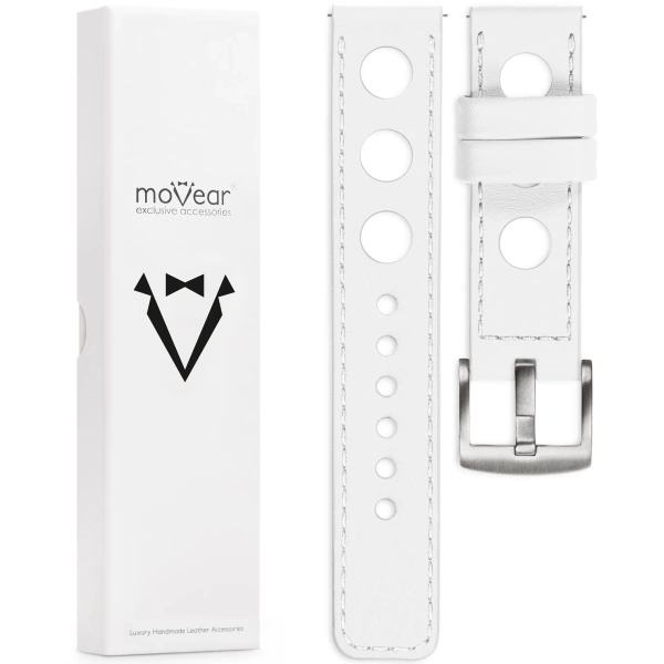 moVear Prestige R1 18mm White Leather strap for Garmin Vivoactive 4S, Venu 3S/2S, Vívomove 3S | White stitching [sizes XS-XXL and buckle to choose from]