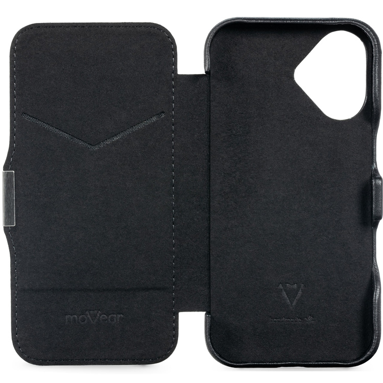 moVear flipSide 4C Leder Handyhülle für Apple iPhone 16 (6.1") | Glattleder (Schwarz)