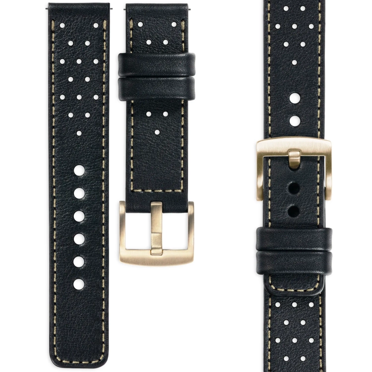 moVear Prestige R2 18mm Schwarz Lederarmband für Garmin Vivoactive 4S, Venu 3S/2S, Vívomove 3S | Schwarz Nähte [Größen XS-XXL und Schnalle zur Auswahl]